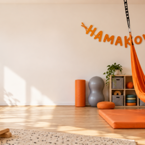 Jasna sala terapii z pomarańczowym hamakiem i logo Hamakowo
